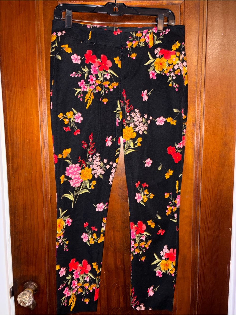 Old Navy Black Floral Skinny Pants with Yellow and Pink Blooms